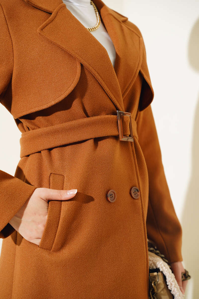 Belted Felt Coat with Cape - Tan
