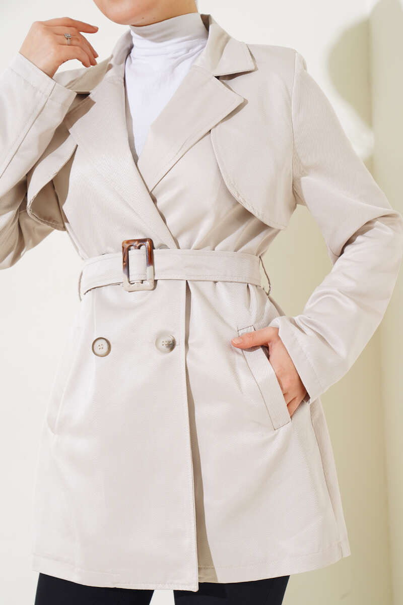 Short Belted Cape Trench Coat - Beige