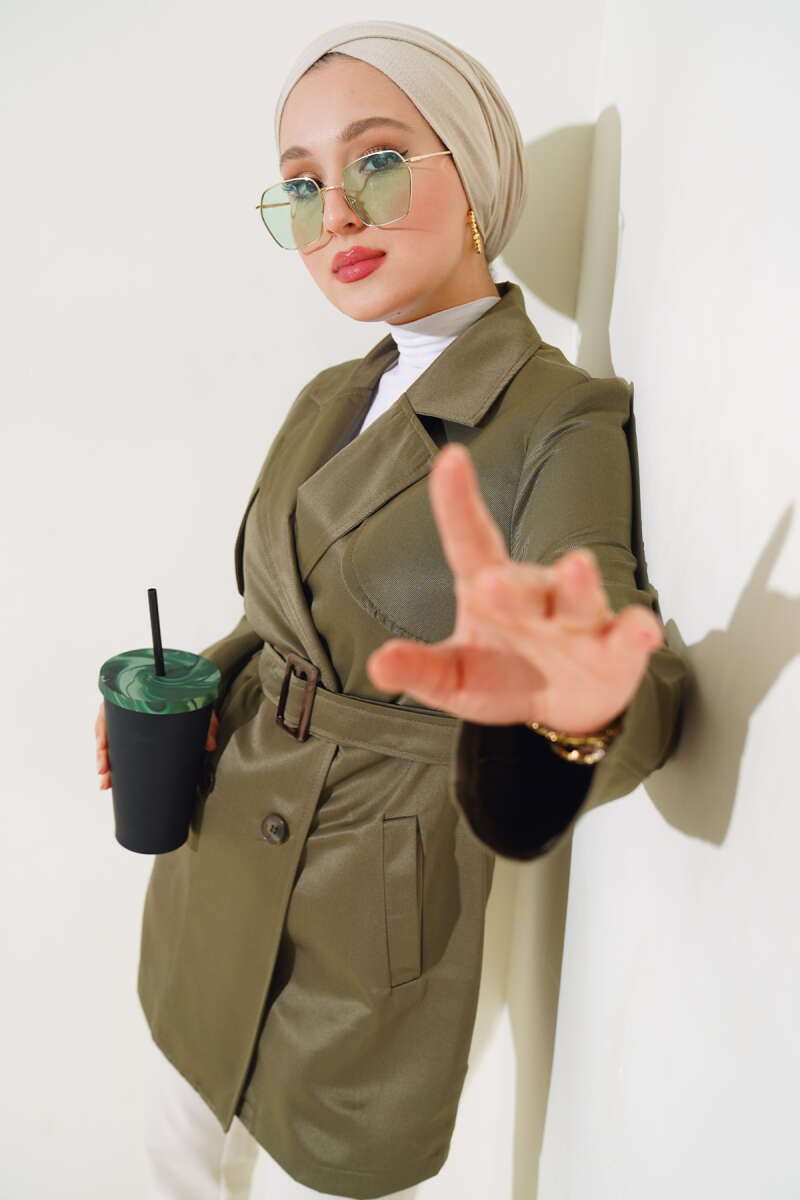 Short Belted Cape Trench Coat - Khaki