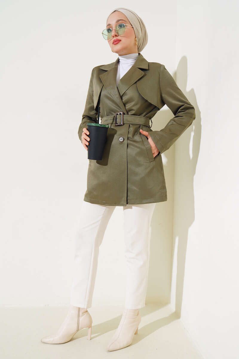 Short Belted Cape Trench Coat - Khaki