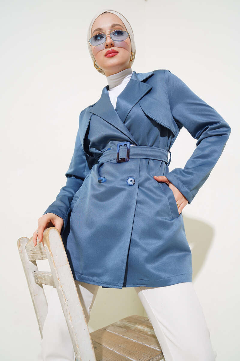 Short Belted Cape Trench Coat - Indigo