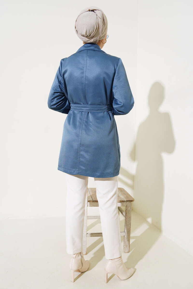 Short Belted Cape Trench Coat - Indigo