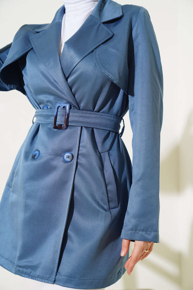 Short Belted Cape Trench Coat - Indigo