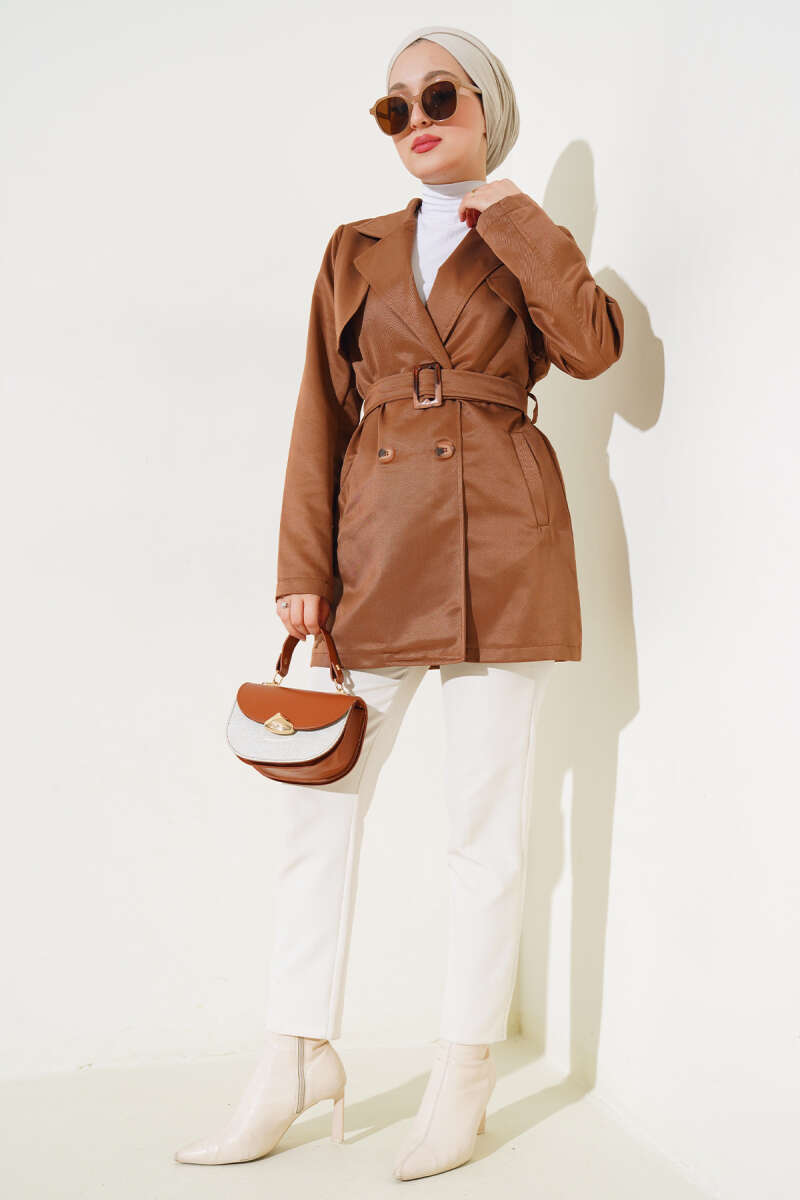 Short Belted Cape Trench Coat - Tan