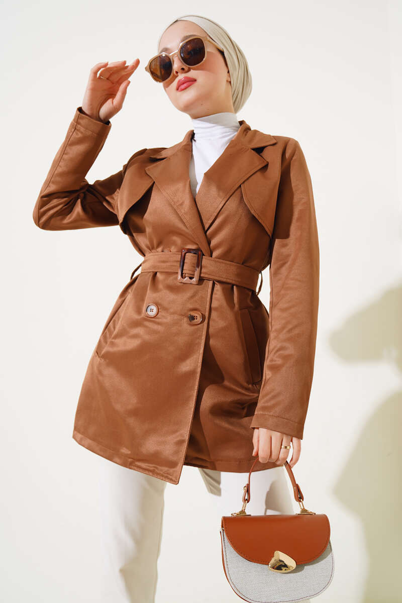 Short Belted Cape Trench Coat - Tan