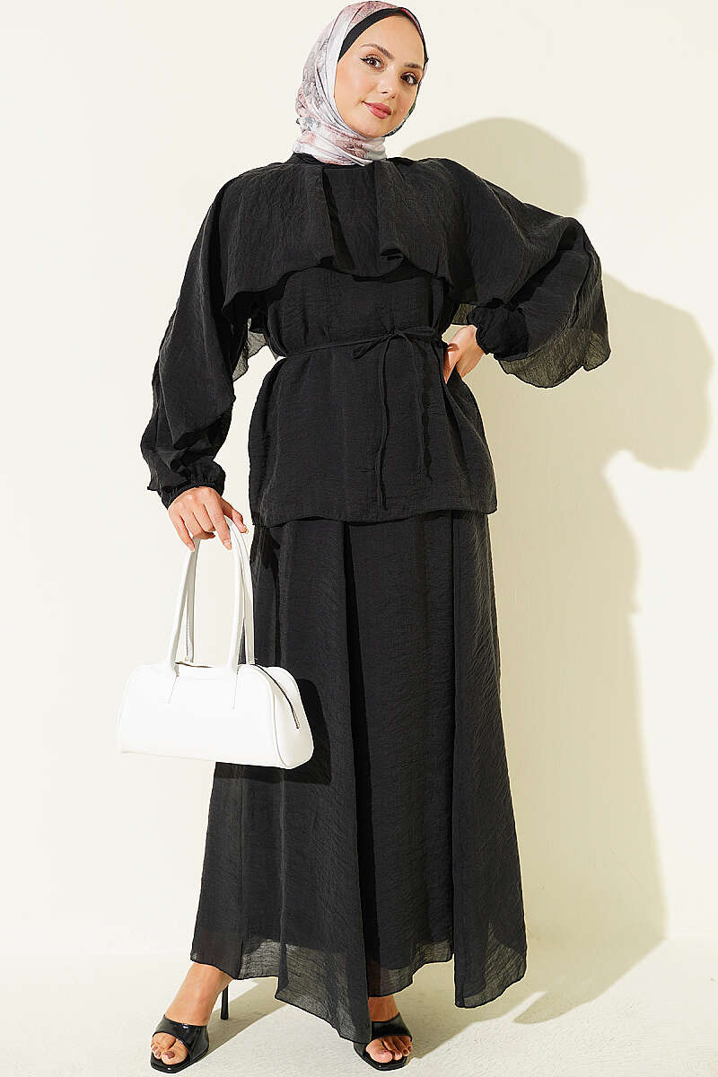 Loose Two-Piece Skirt Set with Cape - Black