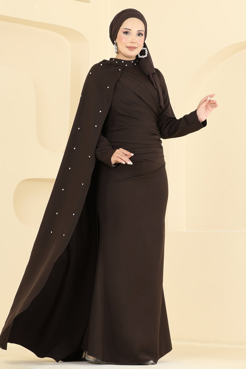 Embellished Crepe Evening Dress with Cape - Dark Brown