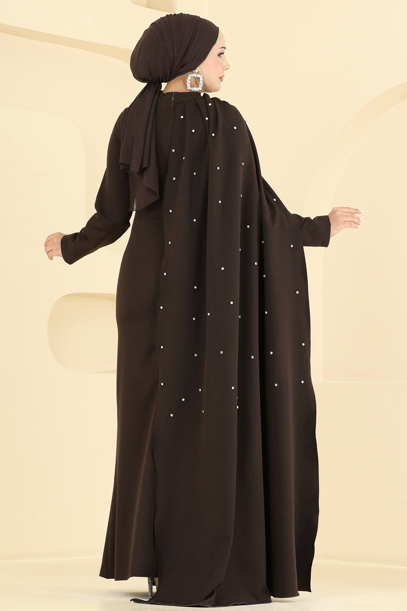 Embellished Crepe Evening Dress with Cape - Dark Brown