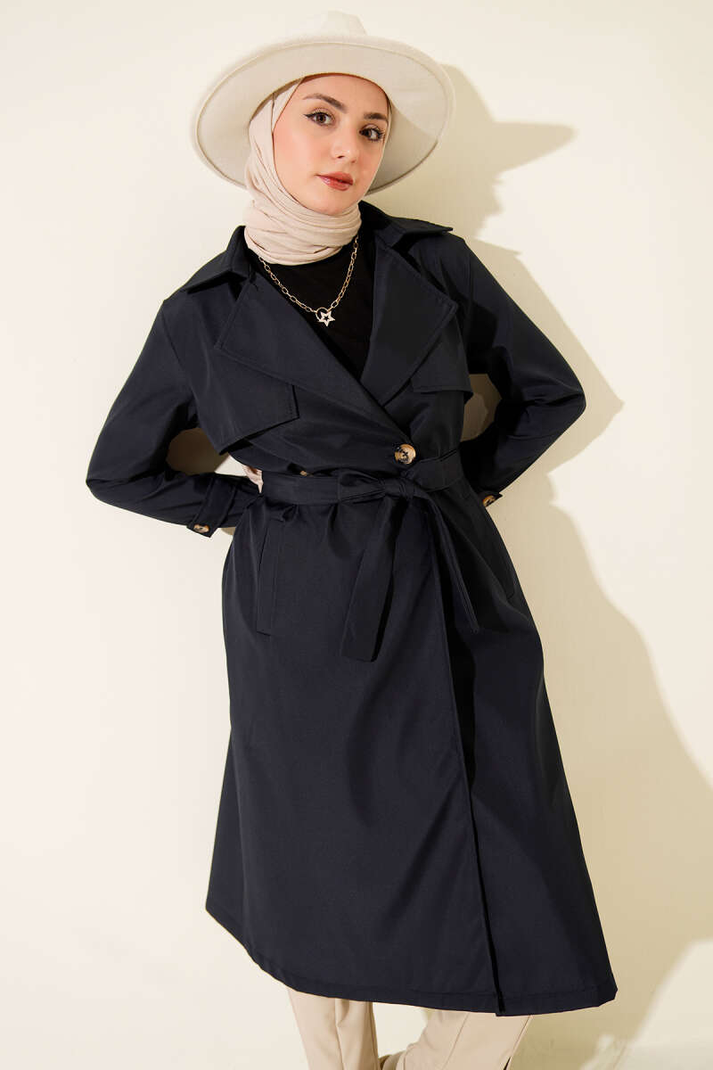 Belted Single-Button Trench Coat with Cape - Navy
