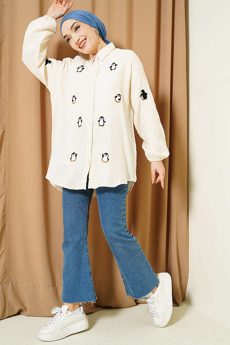 Penguin Embroidered Muslin Shirt - Beige