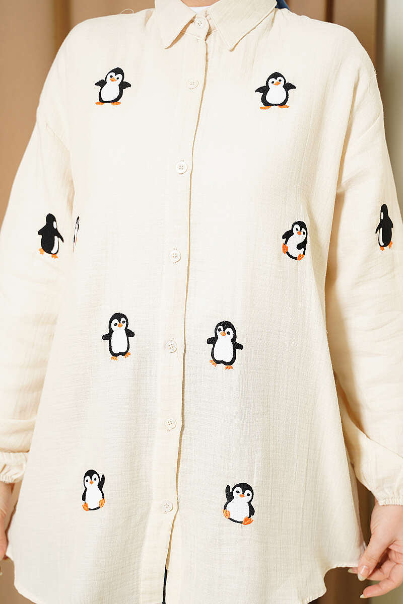 Penguin Embroidered Muslin Shirt - Beige