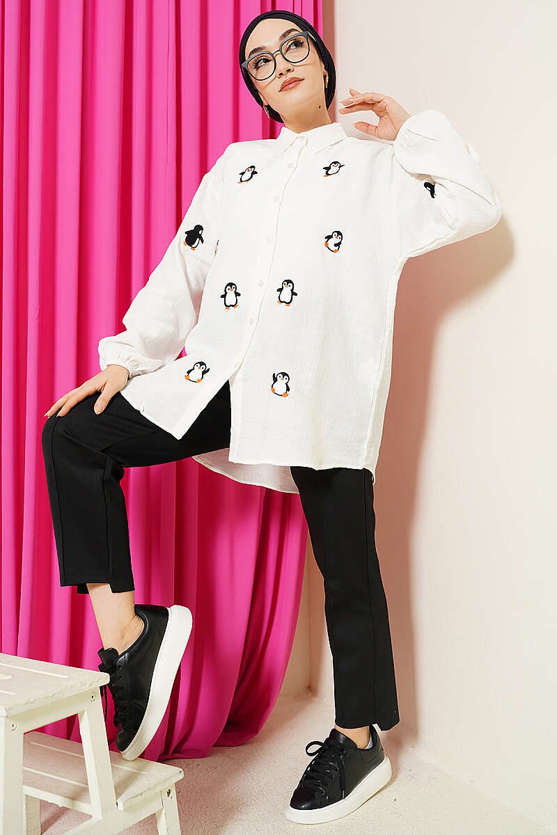 Penguin Embroidered Muslin Shirt - Ecru