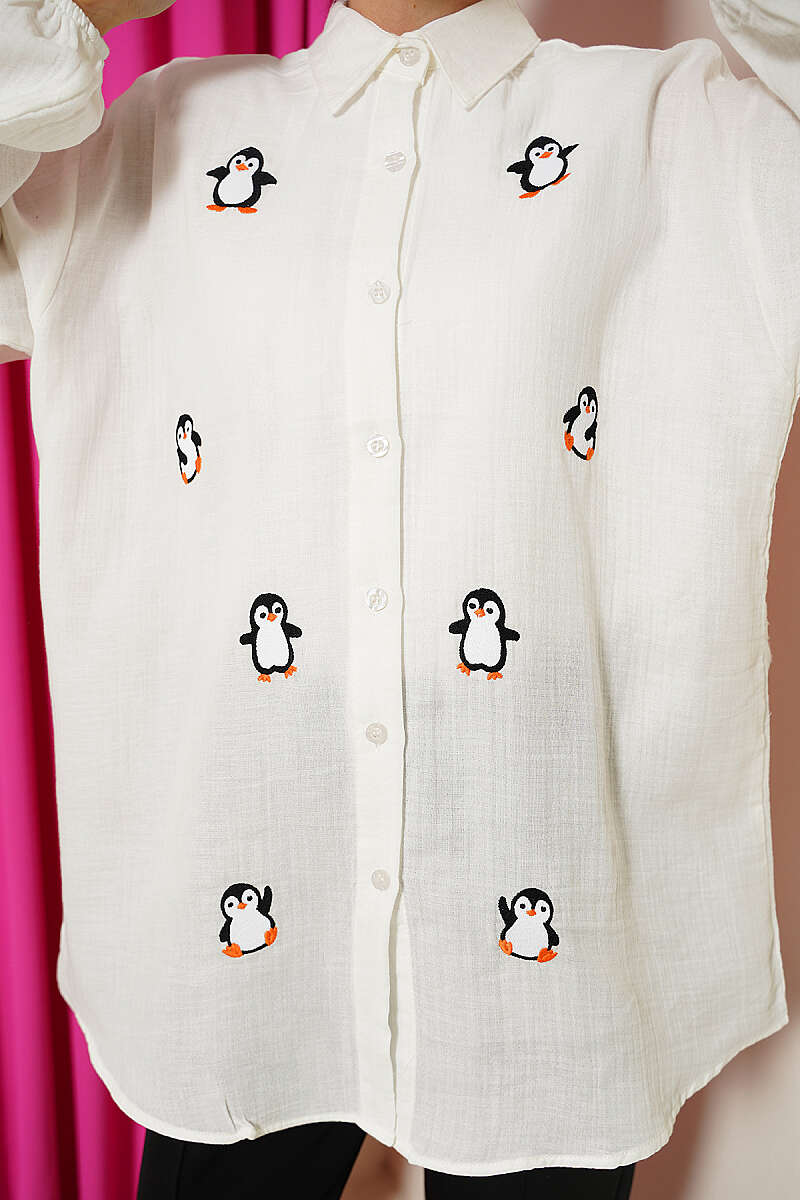 Penguin Embroidered Muslin Shirt - Ecru
