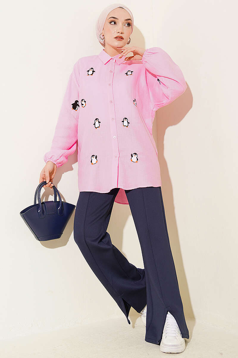 Penguin Embroidered Muslin Shirt - Pink