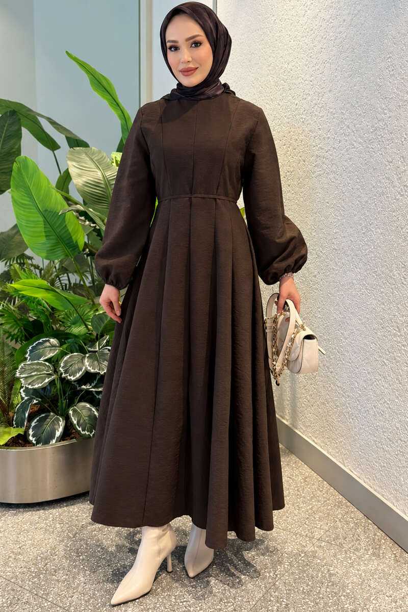 Puff-Sleeve Dress with Darts - Brown