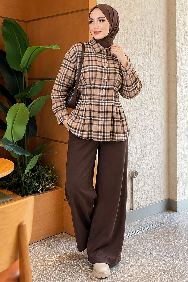 Plaid Shirt with Darts - Beige