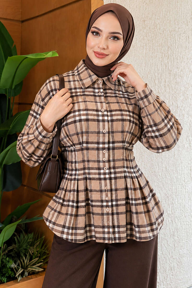 Plaid Shirt with Darts - Beige