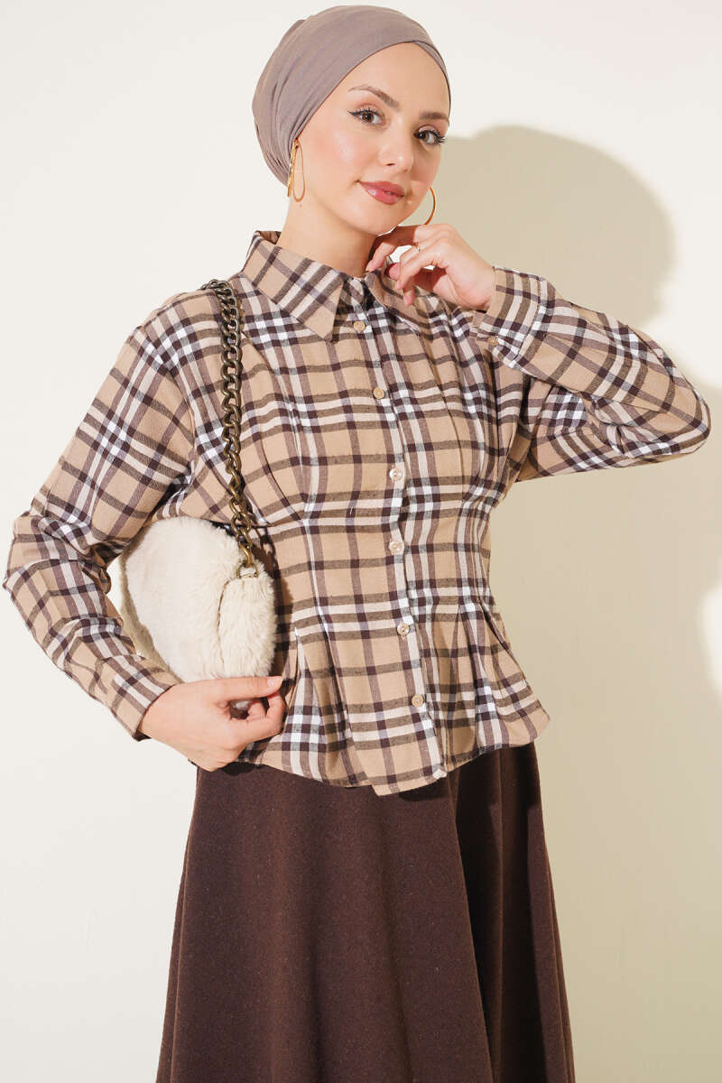 Plaid Shirt with Dart Detail - Beige