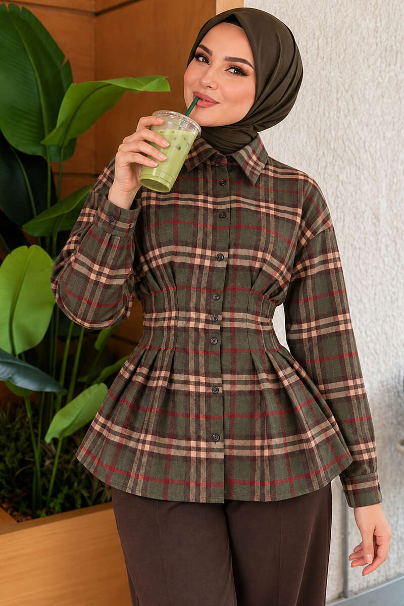 Plaid Shirt with Darts - Khaki