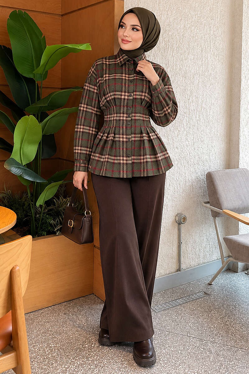 Plaid Shirt with Darts - Khaki