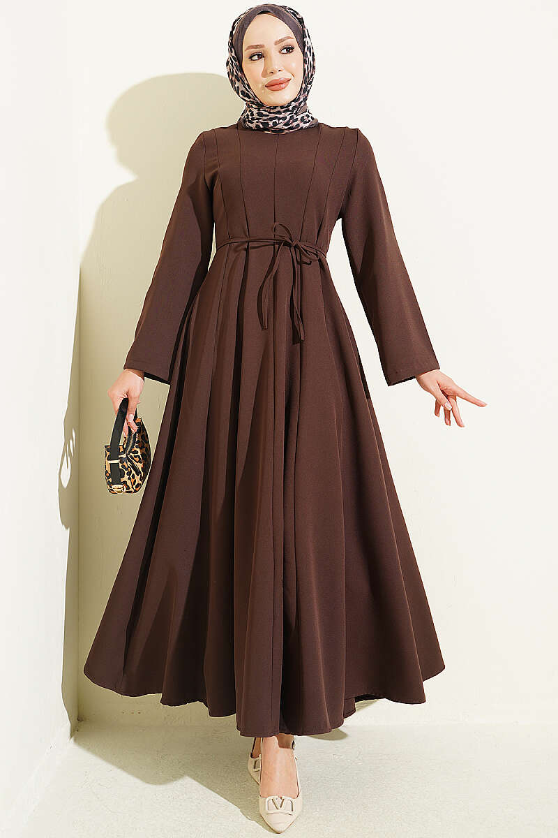 Tie-Cord Dress with Darts - Brown
