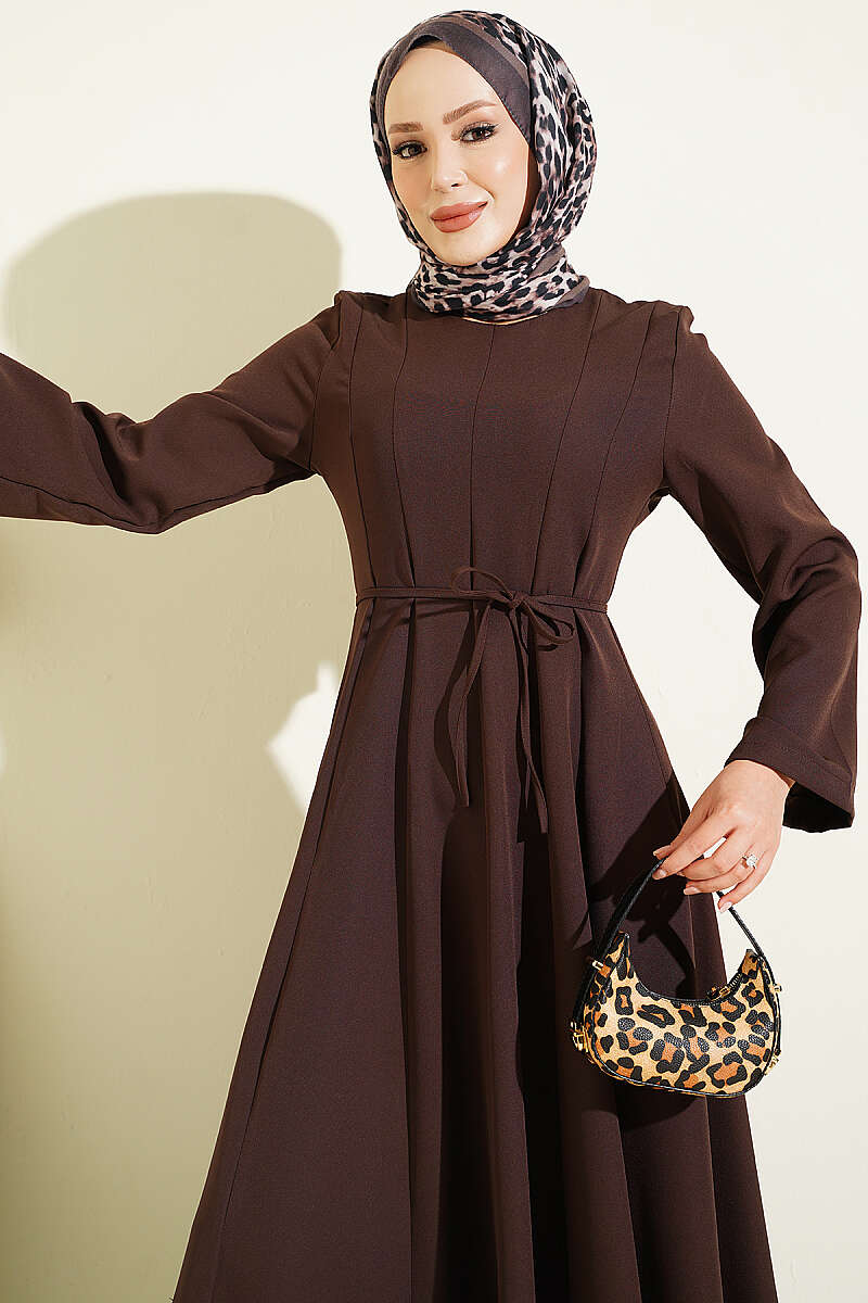 Tie-Cord Dress with Darts - Brown