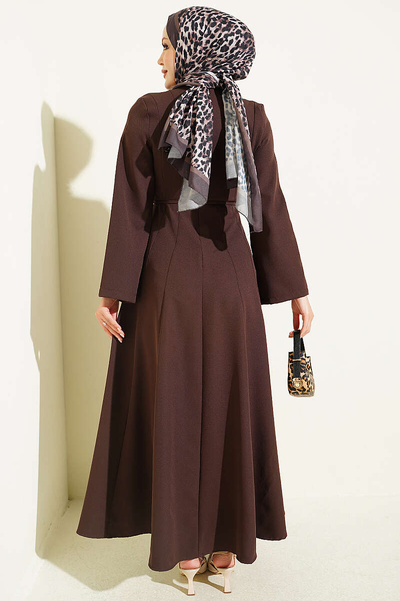 Tie-Cord Dress with Darts - Brown