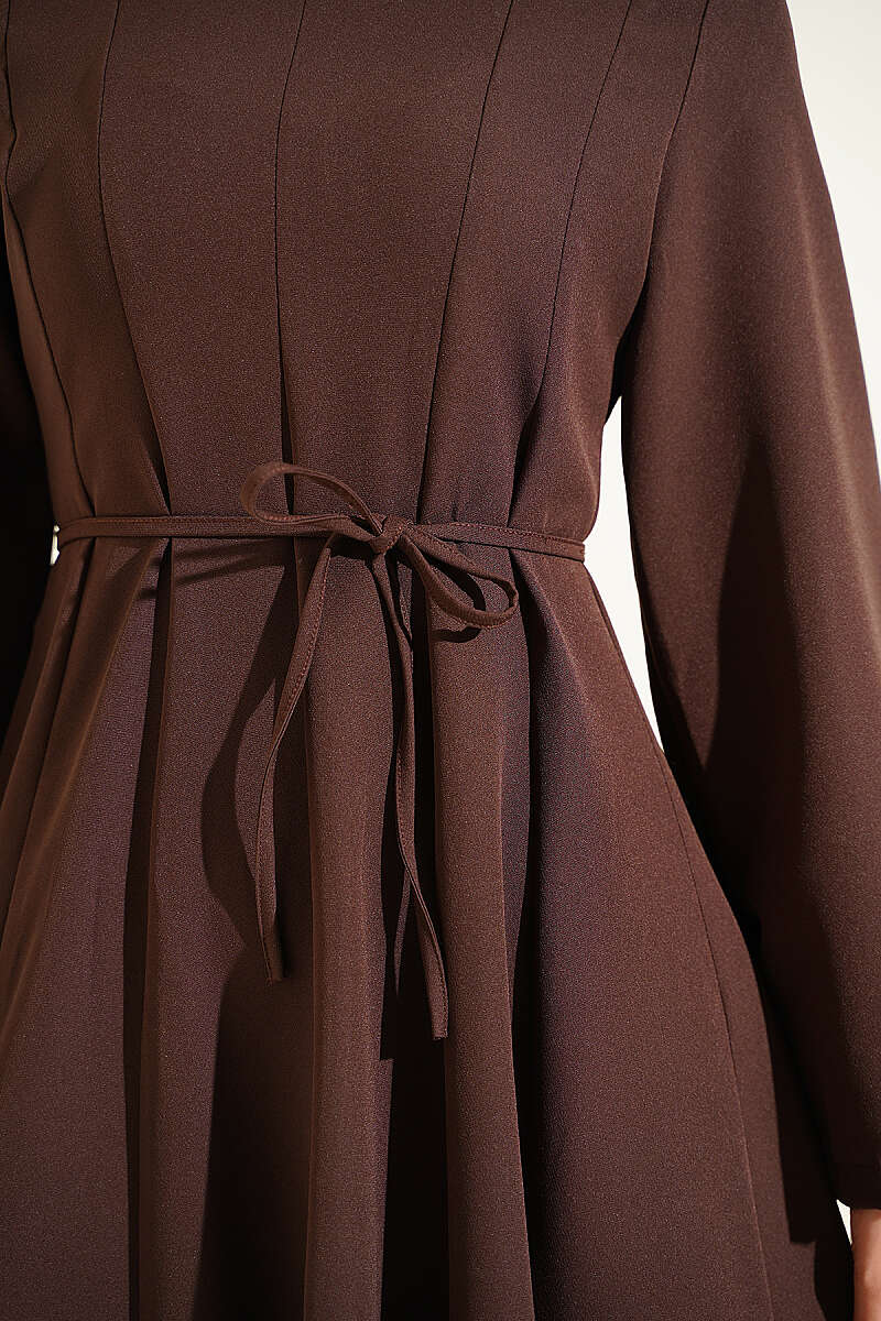 Tie-Cord Dress with Darts - Brown