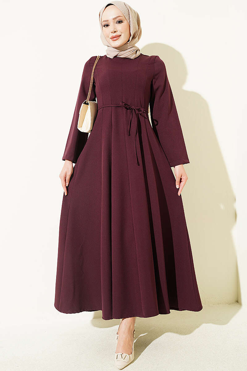 Tie-Cord Dress with Darts - Plum