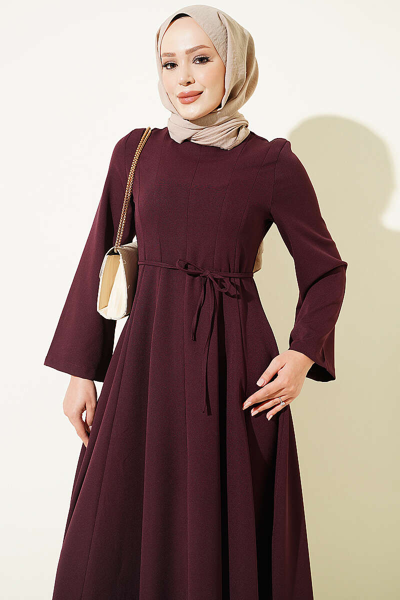 Tie-Cord Dress with Darts - Plum