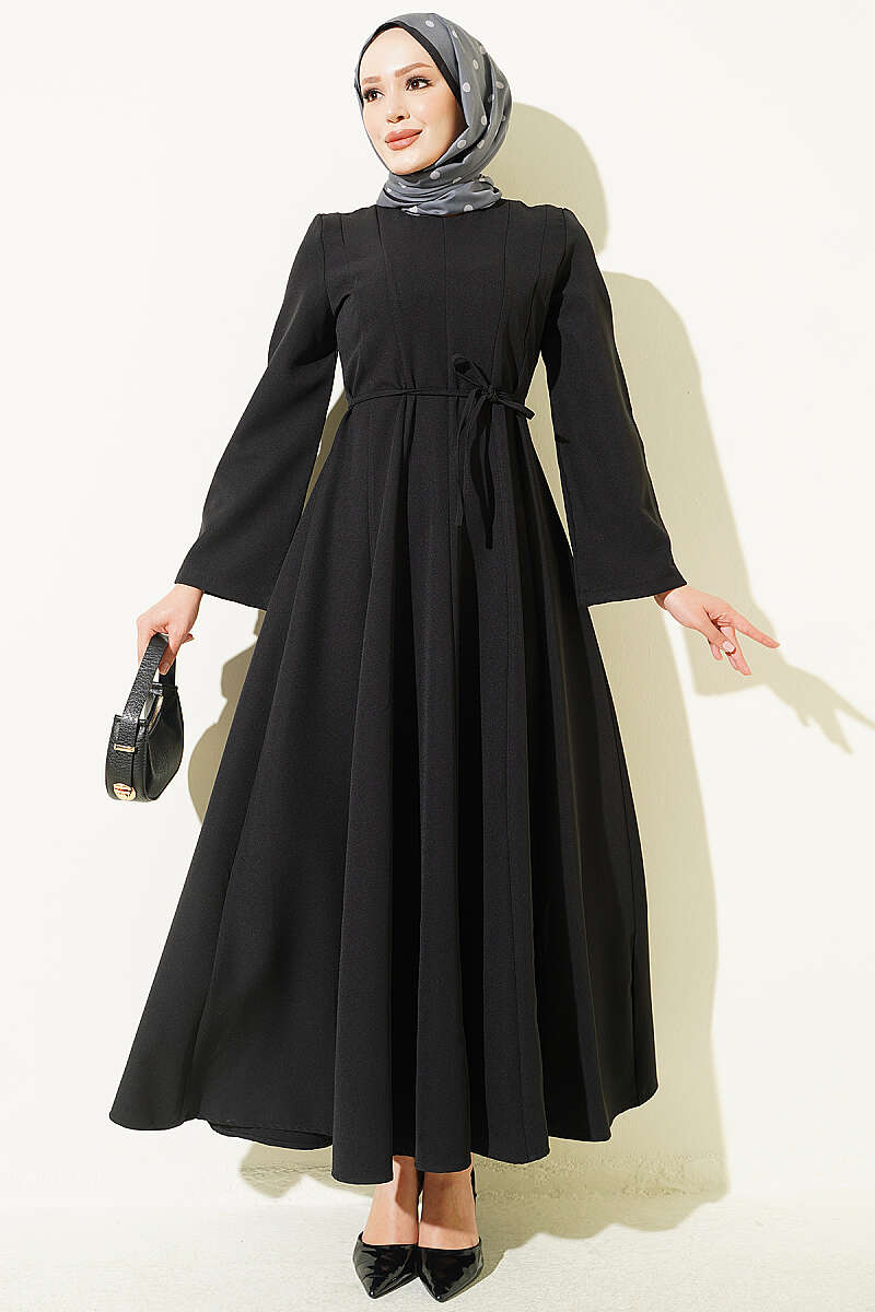 Tie-Cord Dress with Darts - Black