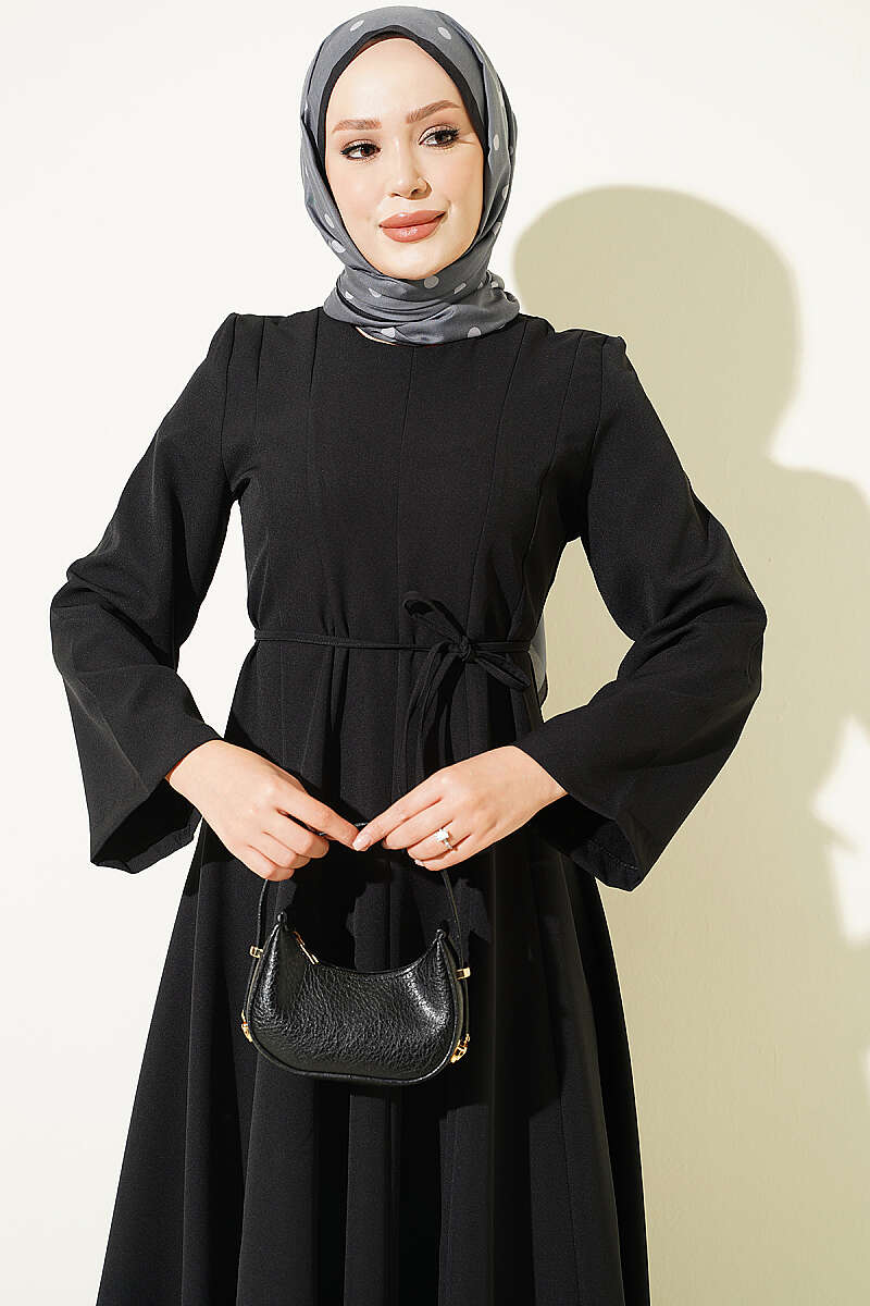Tie-Cord Dress with Darts - Black