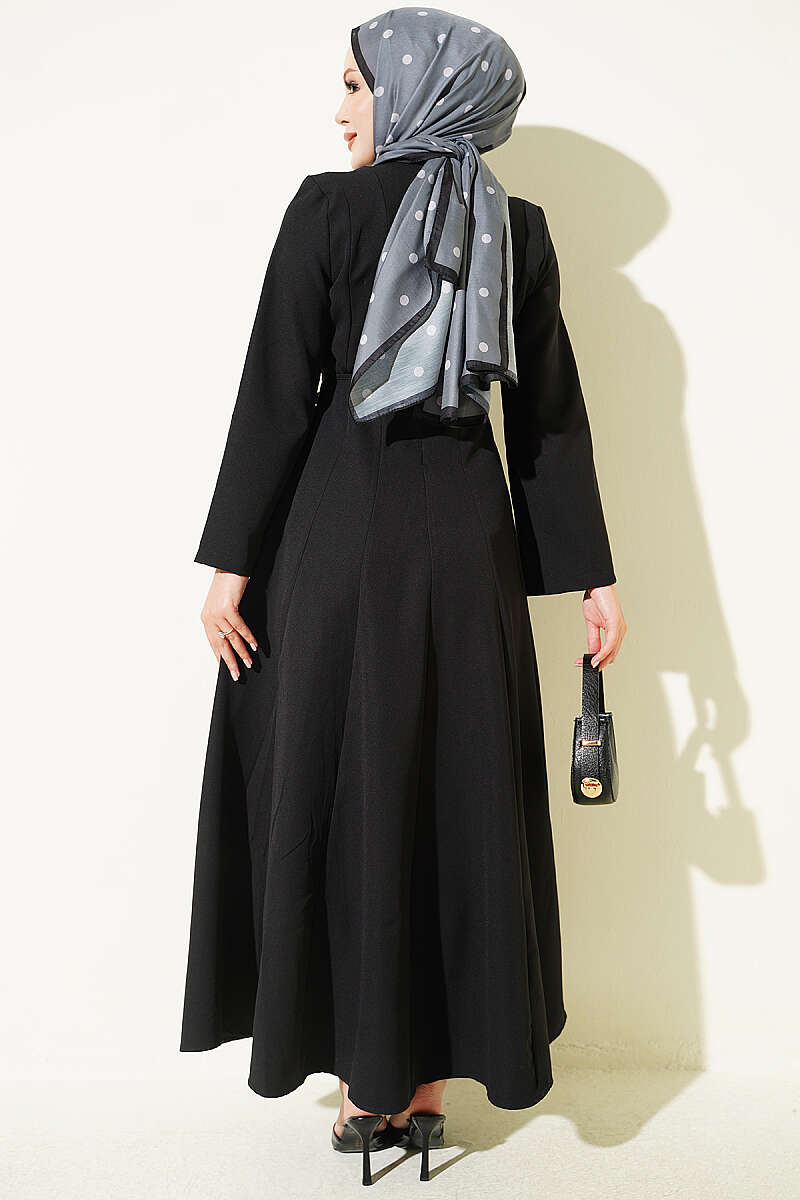 Tie-Cord Dress with Darts - Black