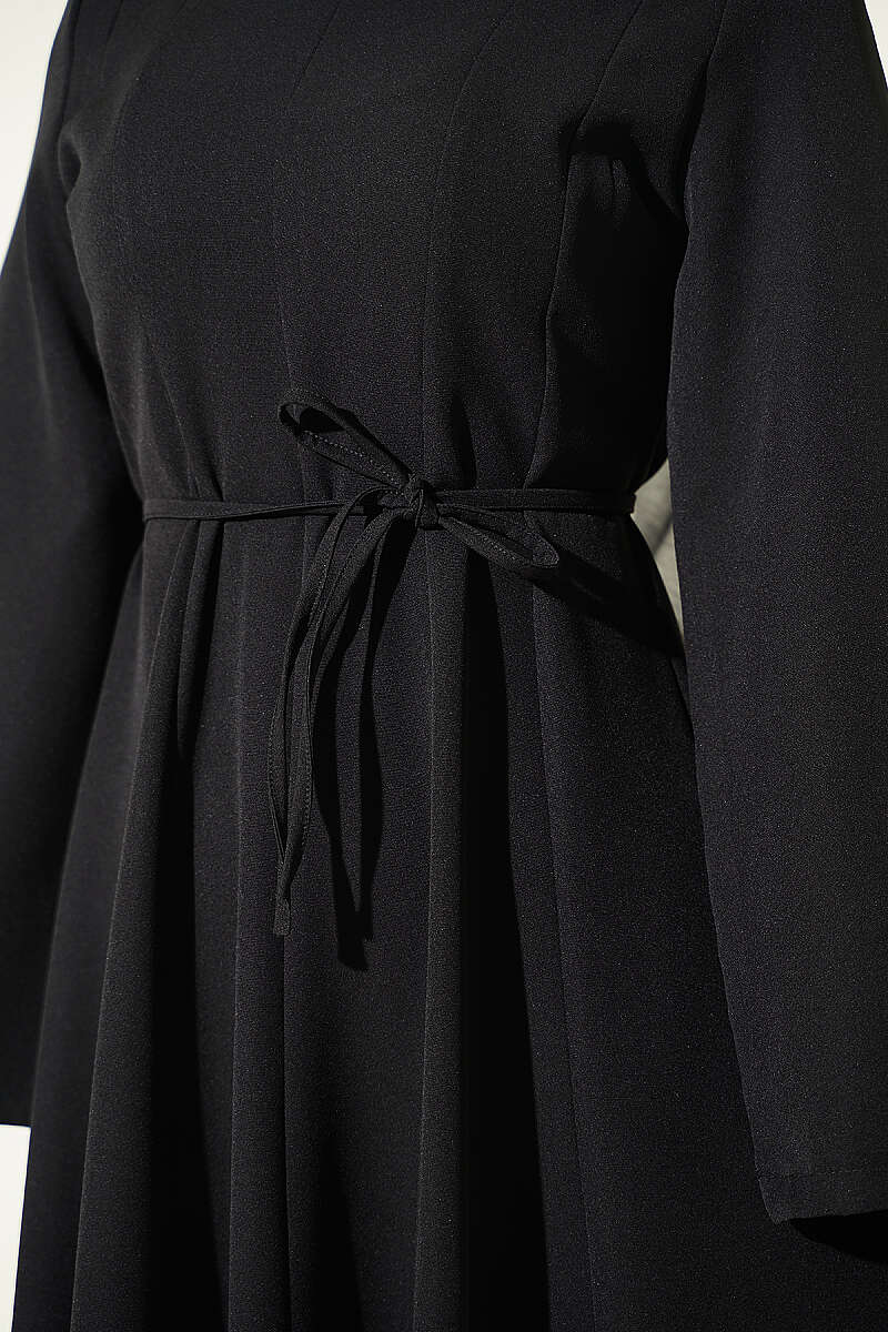 Tie-Cord Dress with Darts - Black