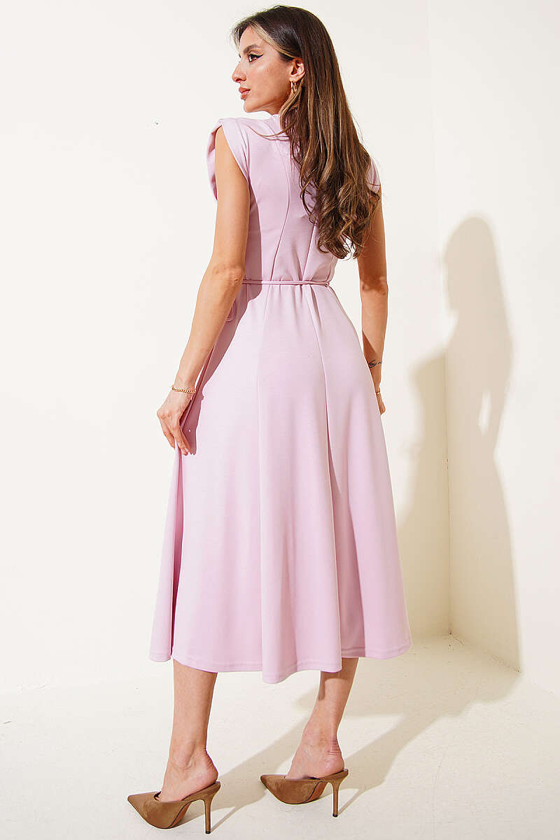 Dart-Detail Dress with Tie Belt - Pink
