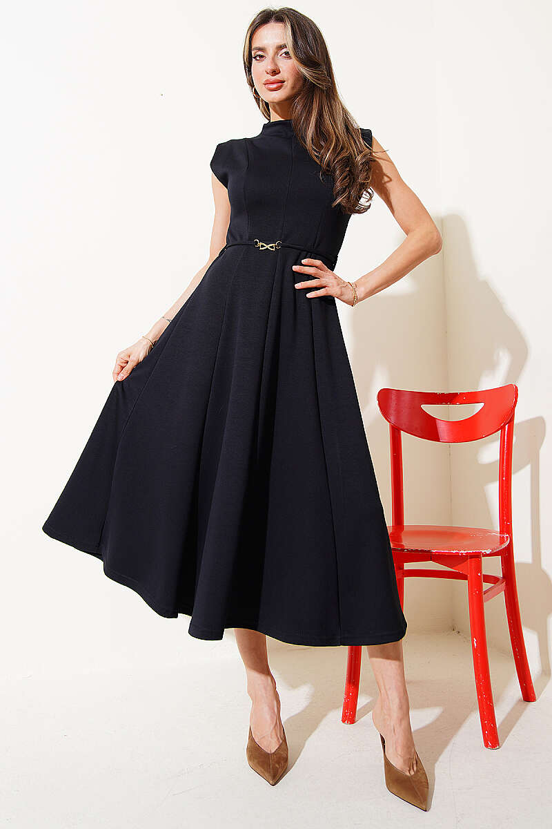 Dart-Detail Dress with Tie Belt - Black