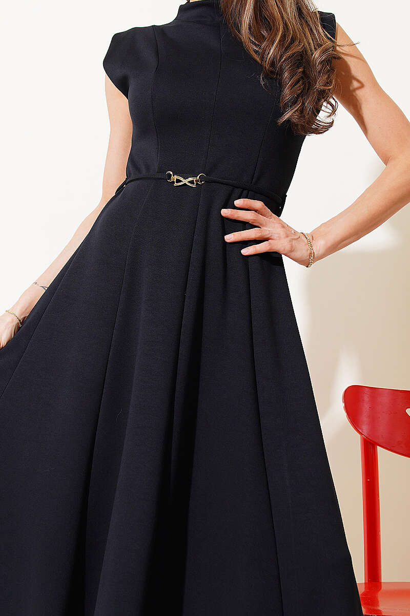 Dart-Detail Dress with Tie Belt - Black