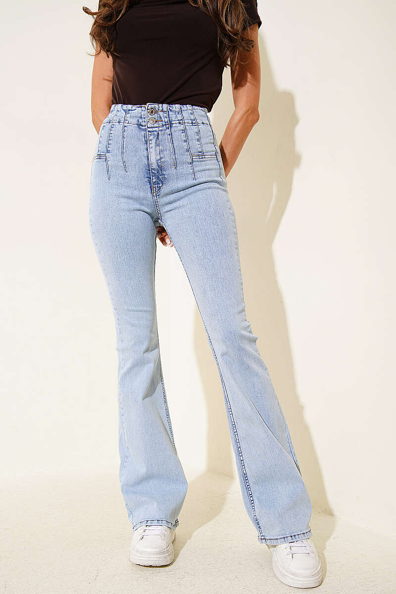 Flared Trousers with Darts - Light Wash
