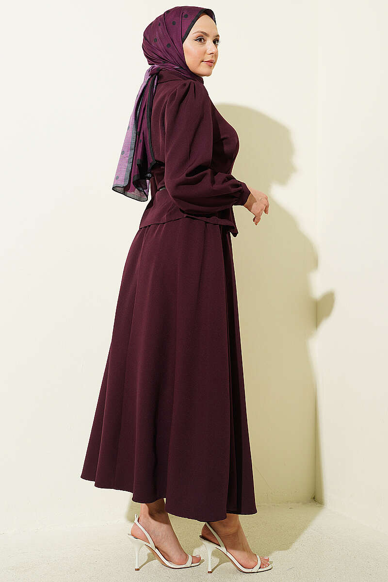 Belted Double-Knit Skirt Set with Darts - Plum