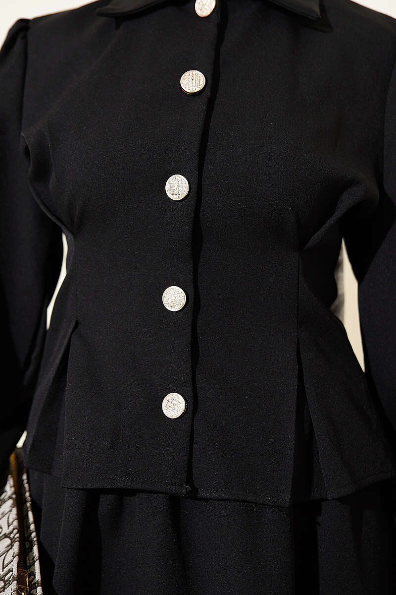 Belted Double-Knit Skirt Set with Darts - Black