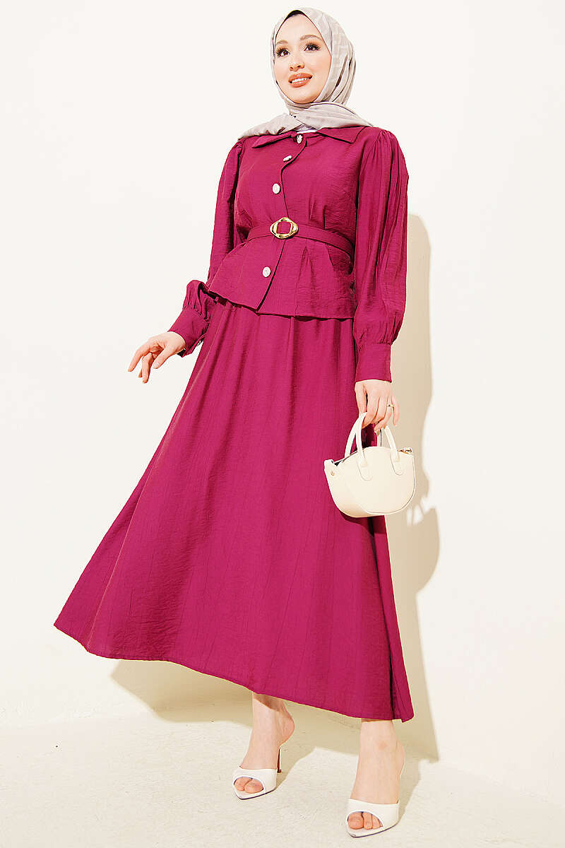 Belted Dart Skirt Set - Burgundy