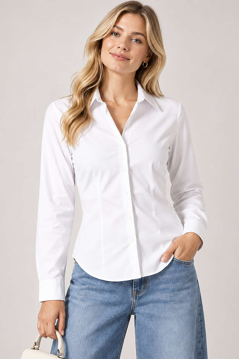 Dart-Detail Shirt with Button Cuffs - White