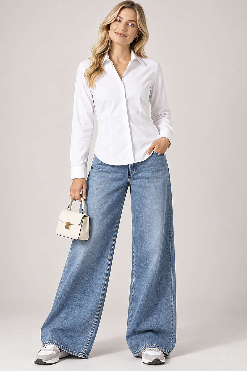 Dart-Detail Shirt with Button Cuffs - White