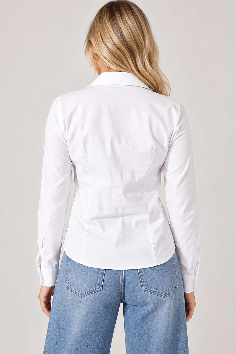 Dart-Detail Shirt with Button Cuffs - White