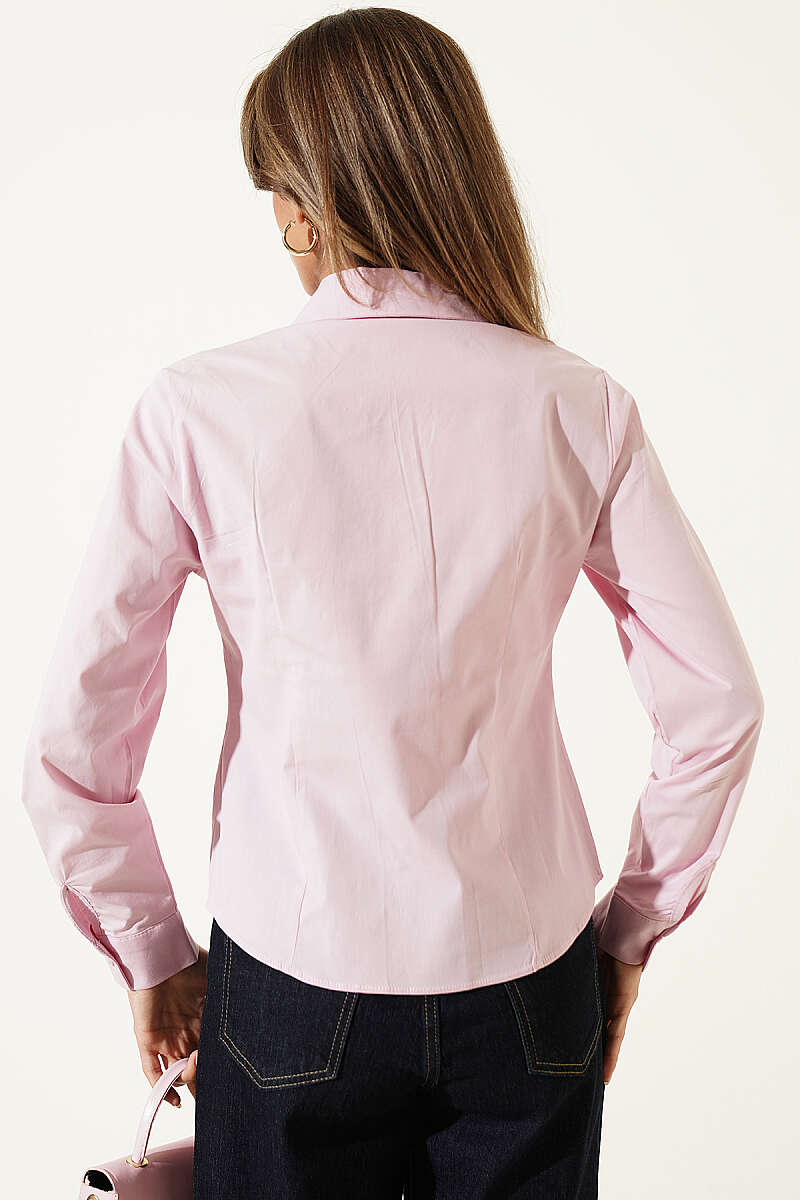 Dart-Detail Shirt with Button Cuffs - Pink