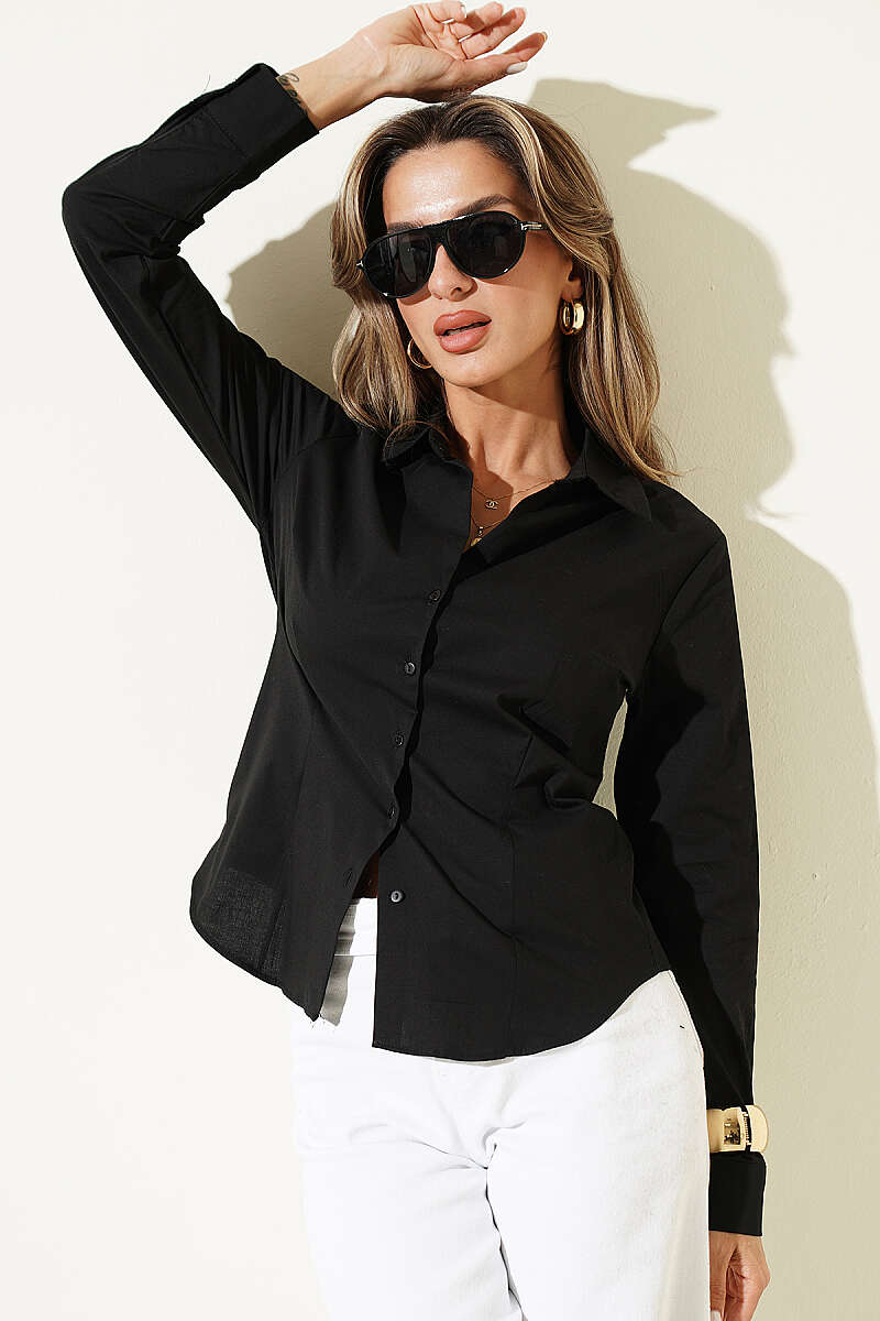 Dart-Detail Shirt with Button Cuffs - Black