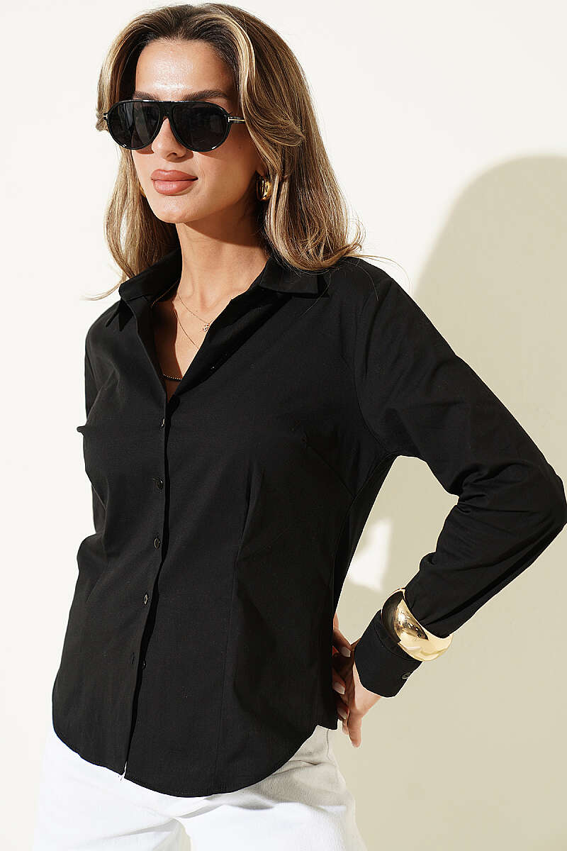 Dart-Detail Shirt with Button Cuffs - Black