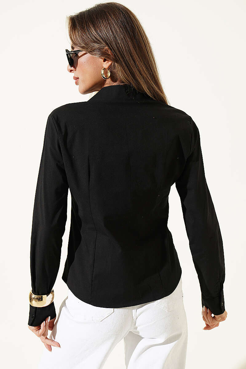 Dart-Detail Shirt with Button Cuffs - Black