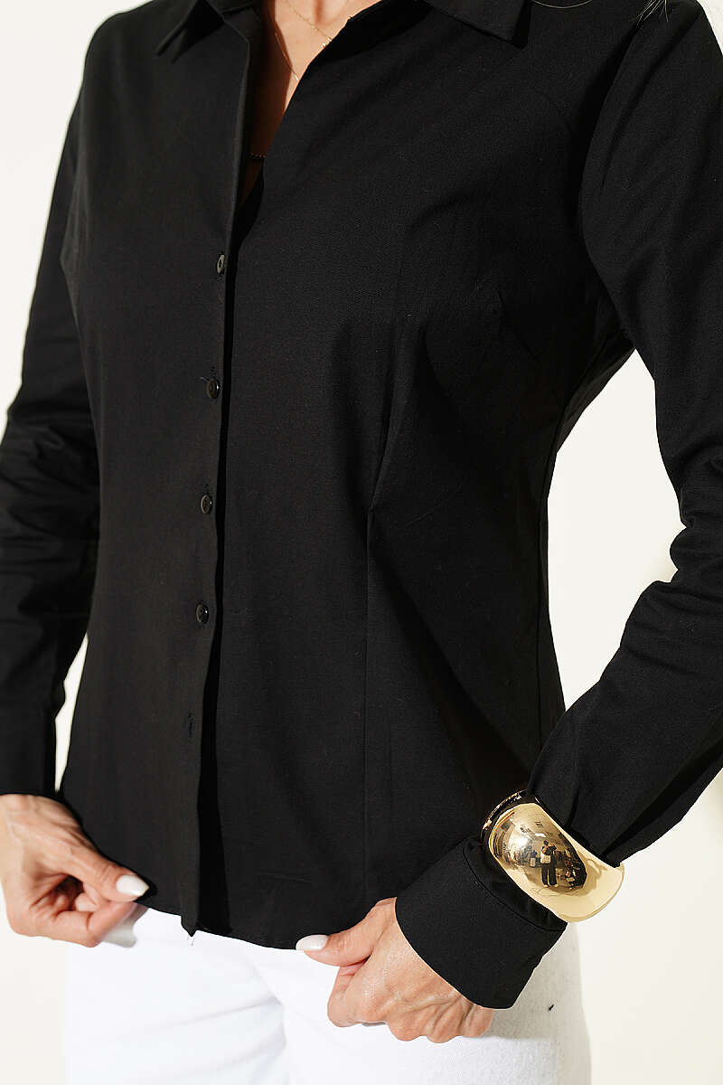 Dart-Detail Shirt with Button Cuffs - Black