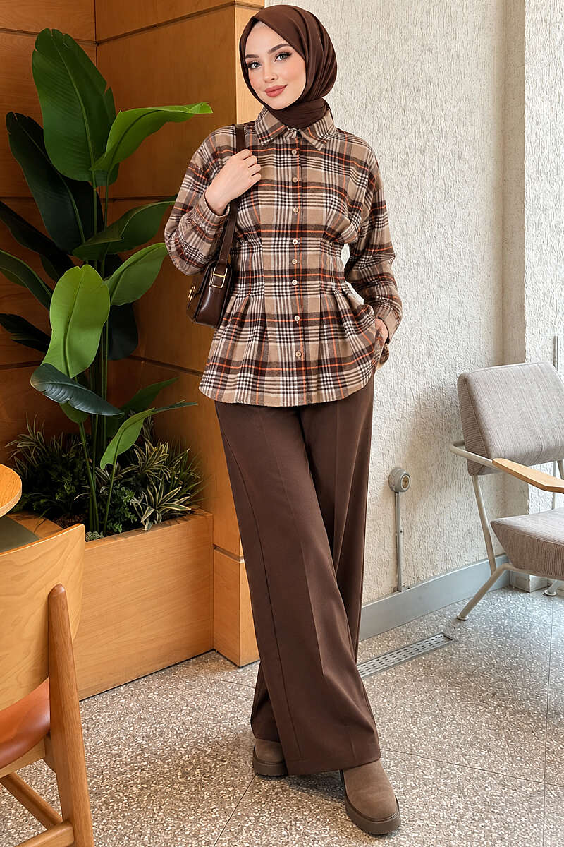 Plaid Shirt with Waist Darts - Beige